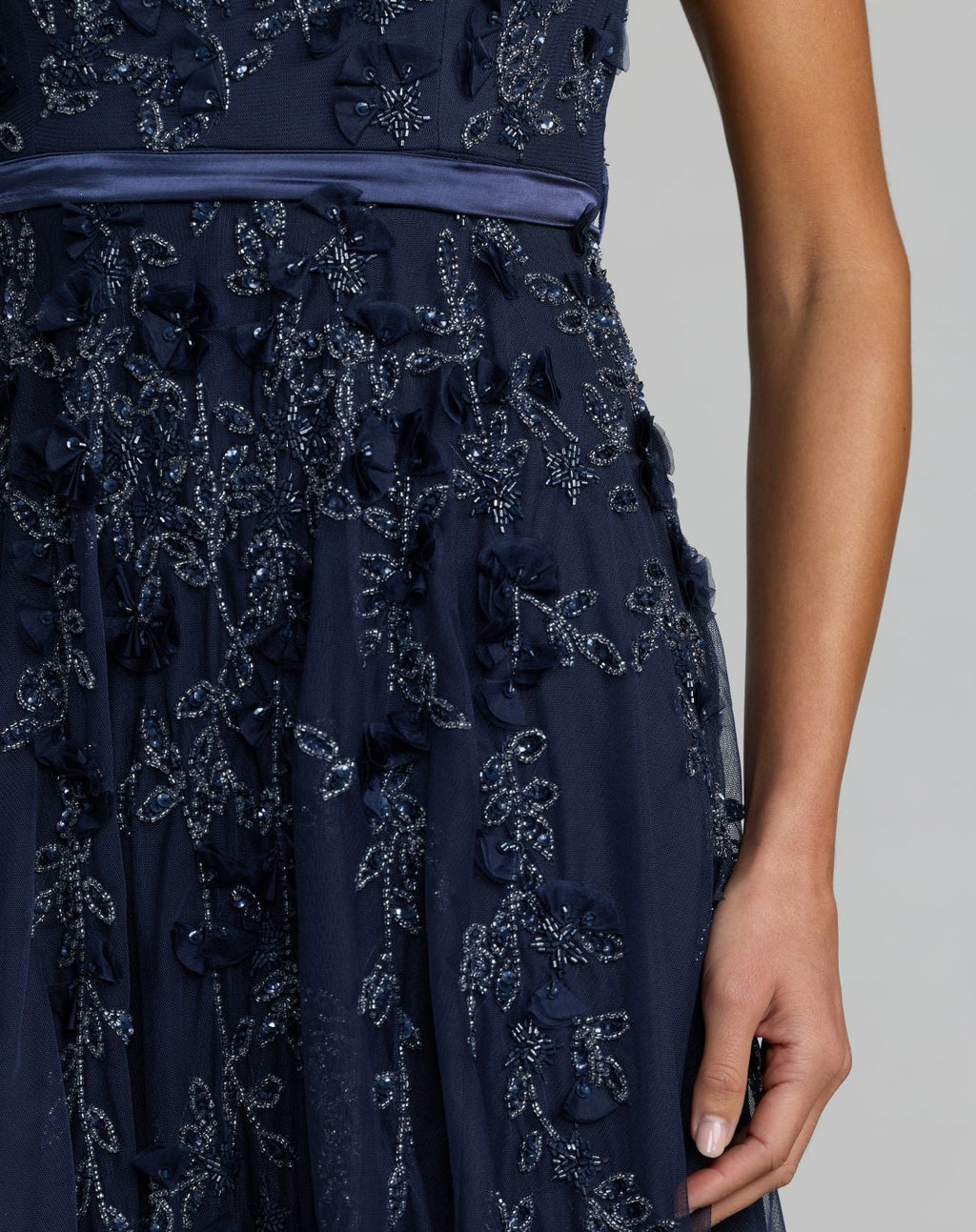 Navy Floral Hand Embellished Cap Sleeve Gown - Designer Collection