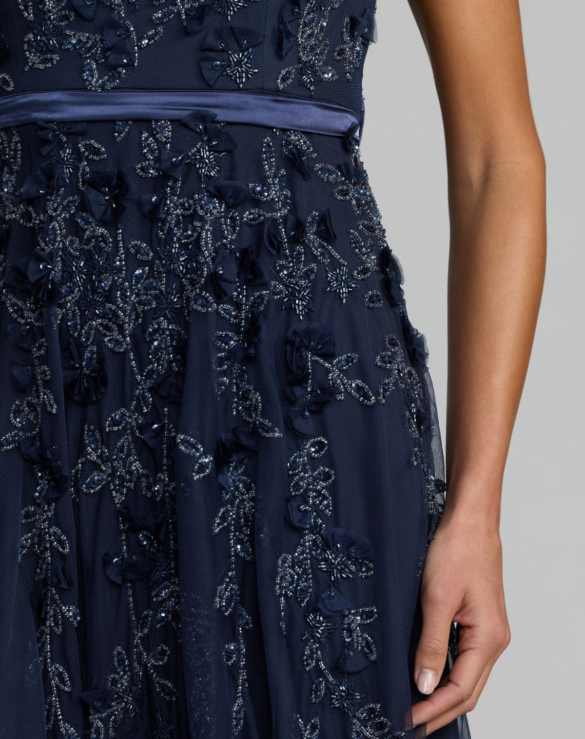 Navy Floral Hand Embellished Cap Sleeve Gown - Designer Collection