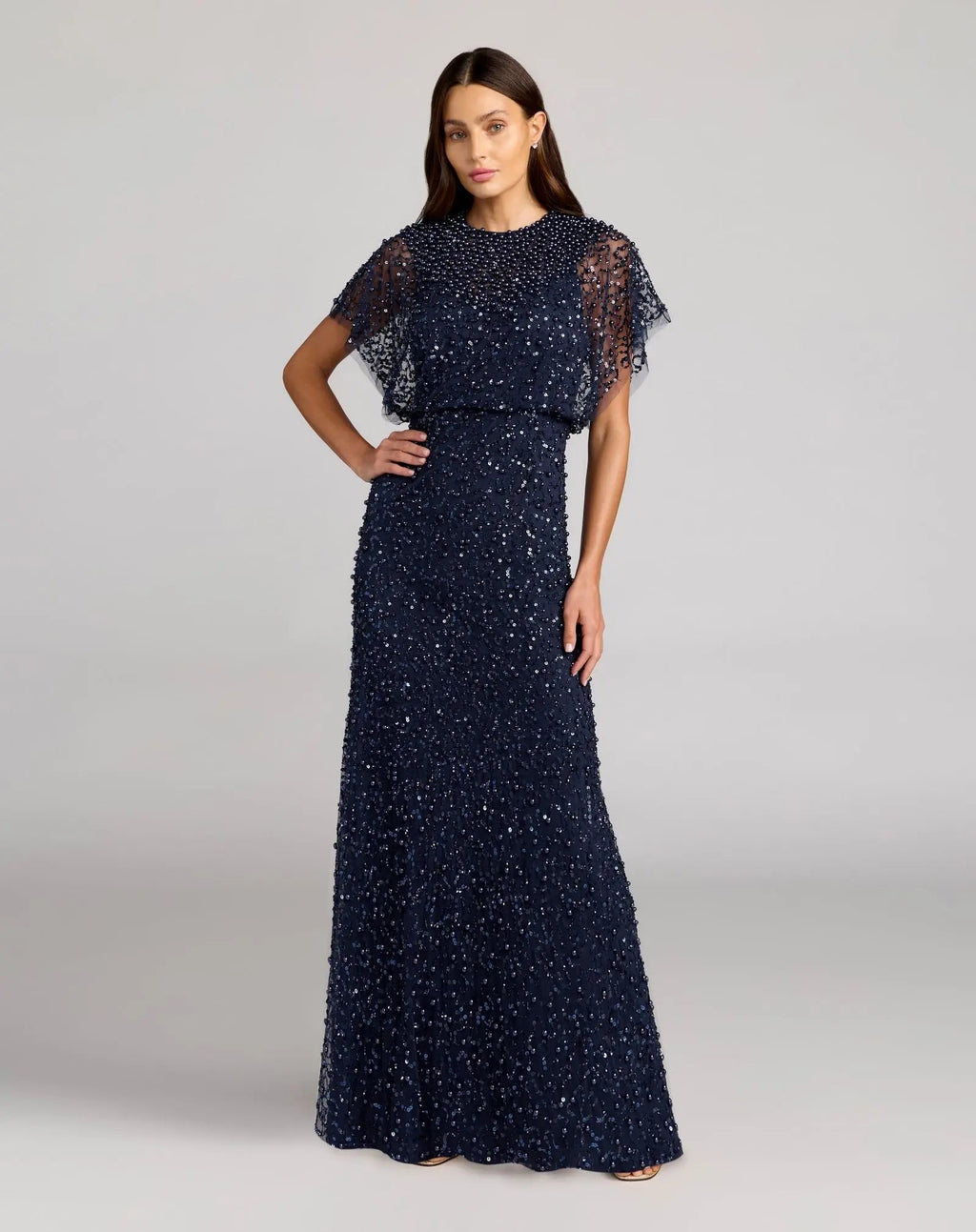 Navy High Neck Short Sleeve Embellished Gown - Designer Collection