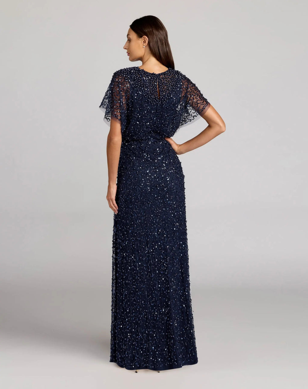 Navy High Neck Short Sleeve Embellished Gown - Designer Collection