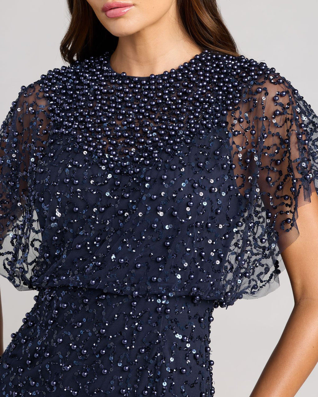 Navy High Neck Short Sleeve Embellished Gown - Designer Collection