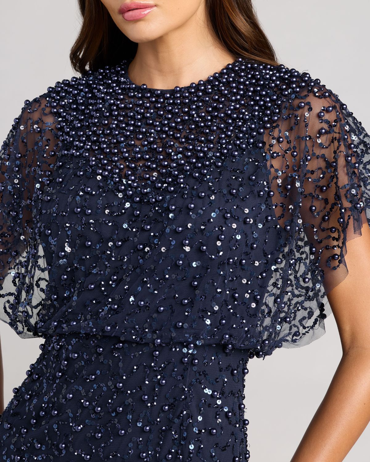 Navy High Neck Short Sleeve Embellished Gown - Designer Collection