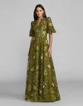 Green Queen Anne Puff Sleeve Embroidered A-Line Gown - Designer Collection