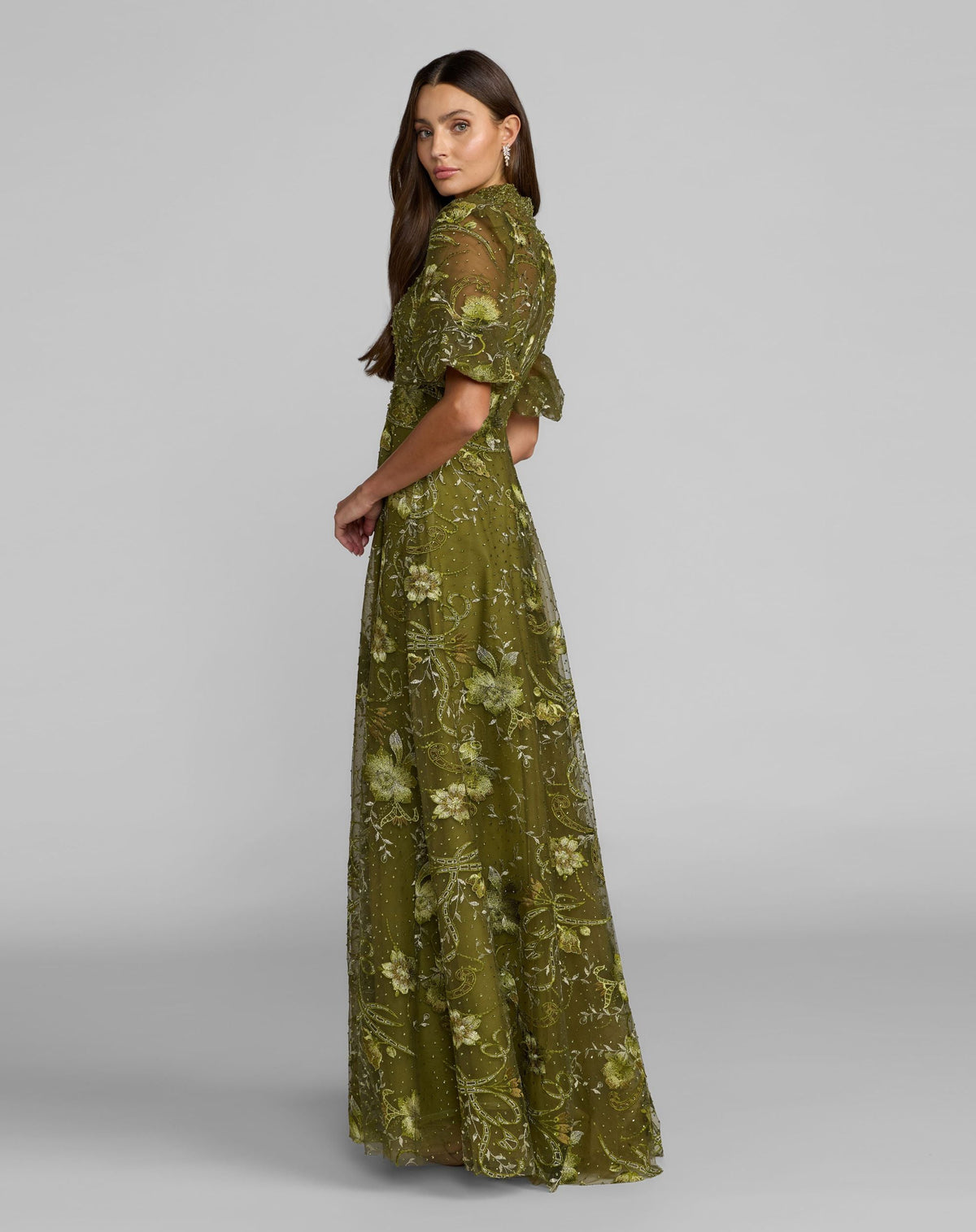 Green Queen Anne Puff Sleeve Embroidered A-Line Gown - Designer Collection