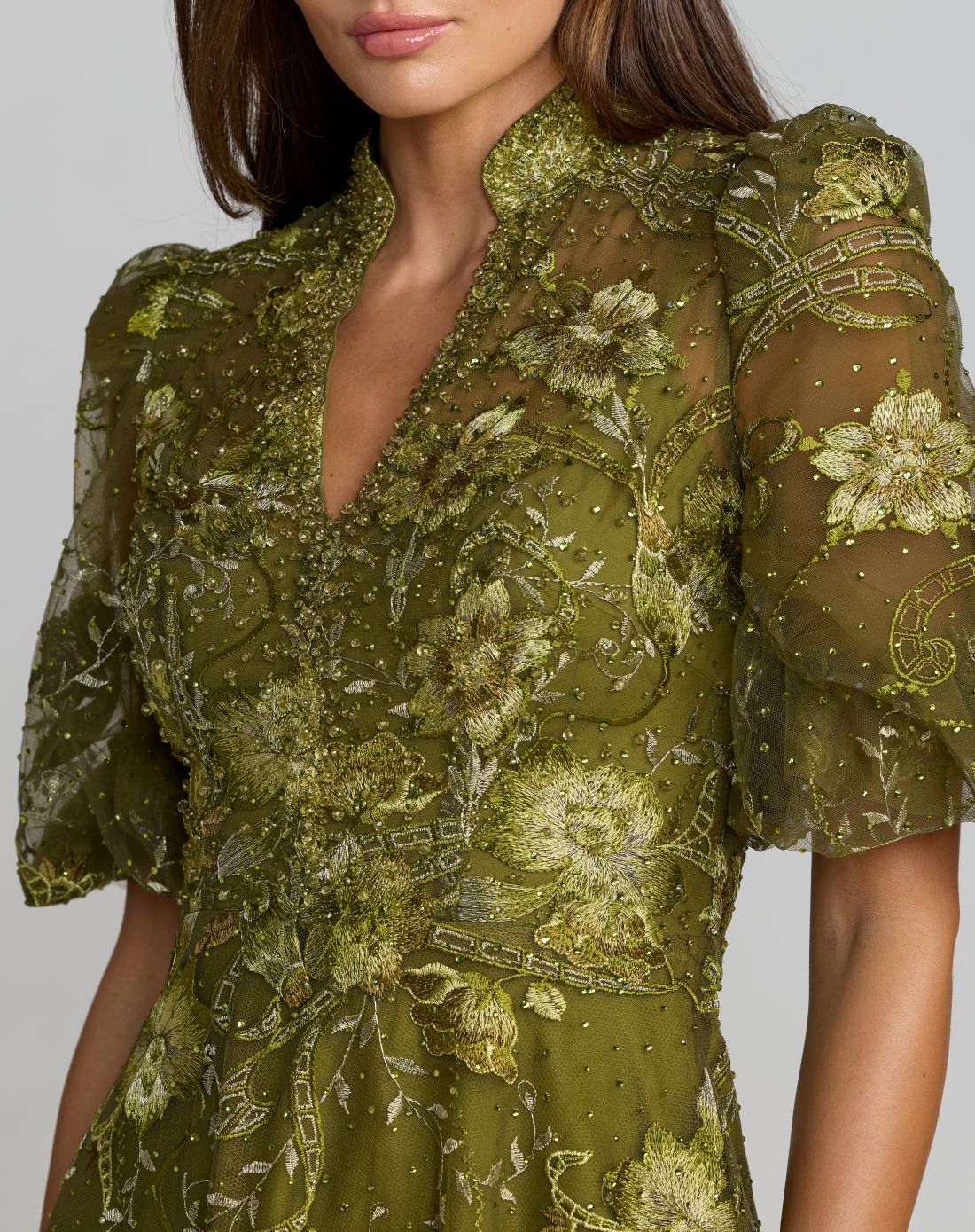Green Queen Anne Puff Sleeve Embroidered A-Line Gown - Designer Collection