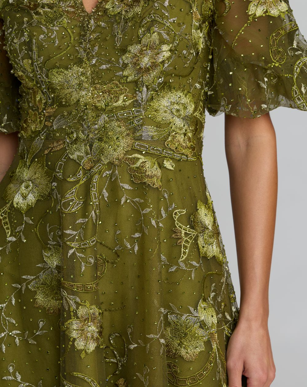 Green Queen Anne Puff Sleeve Embroidered A-Line Gown - Designer Collection
