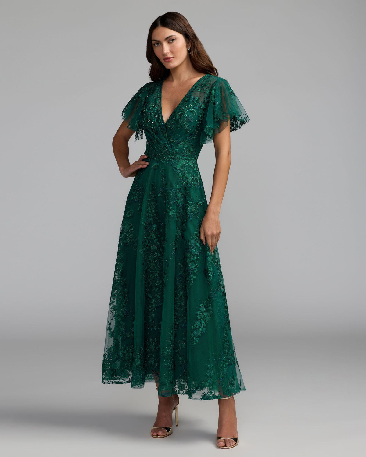 Green Embroidered Flutter Sleeve A Line Dress Designer Collection