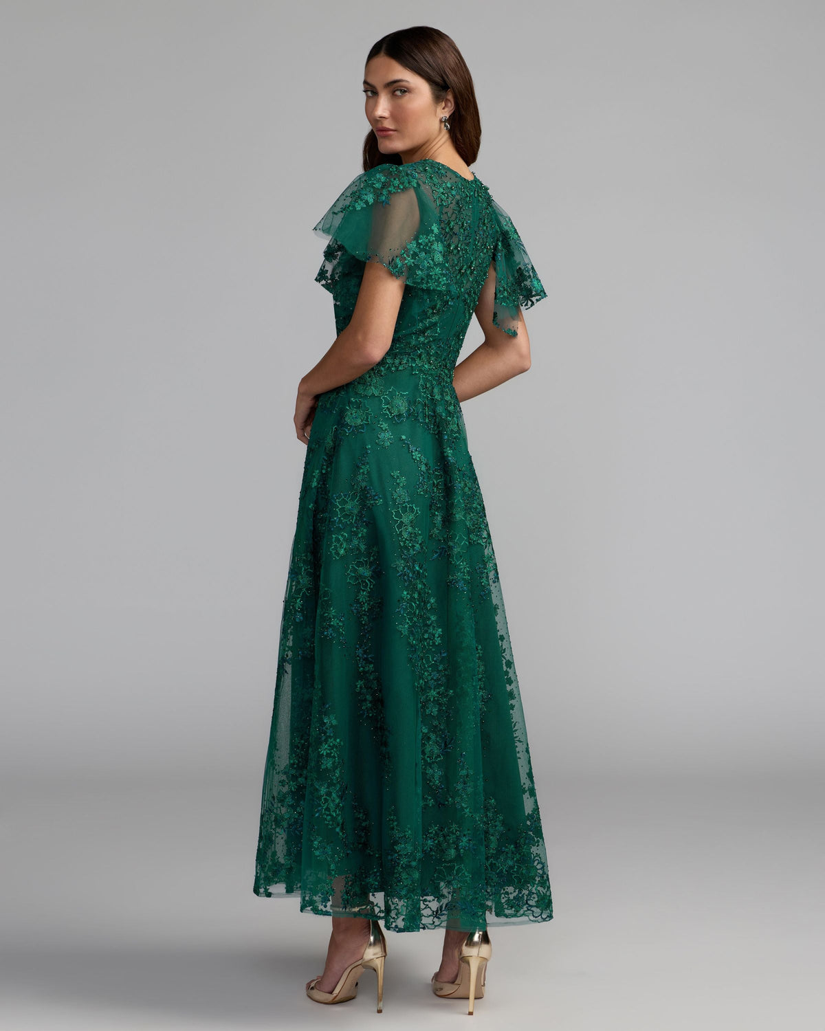 Green Embroidered Flutter Sleeve A Line Dress Designer Collection