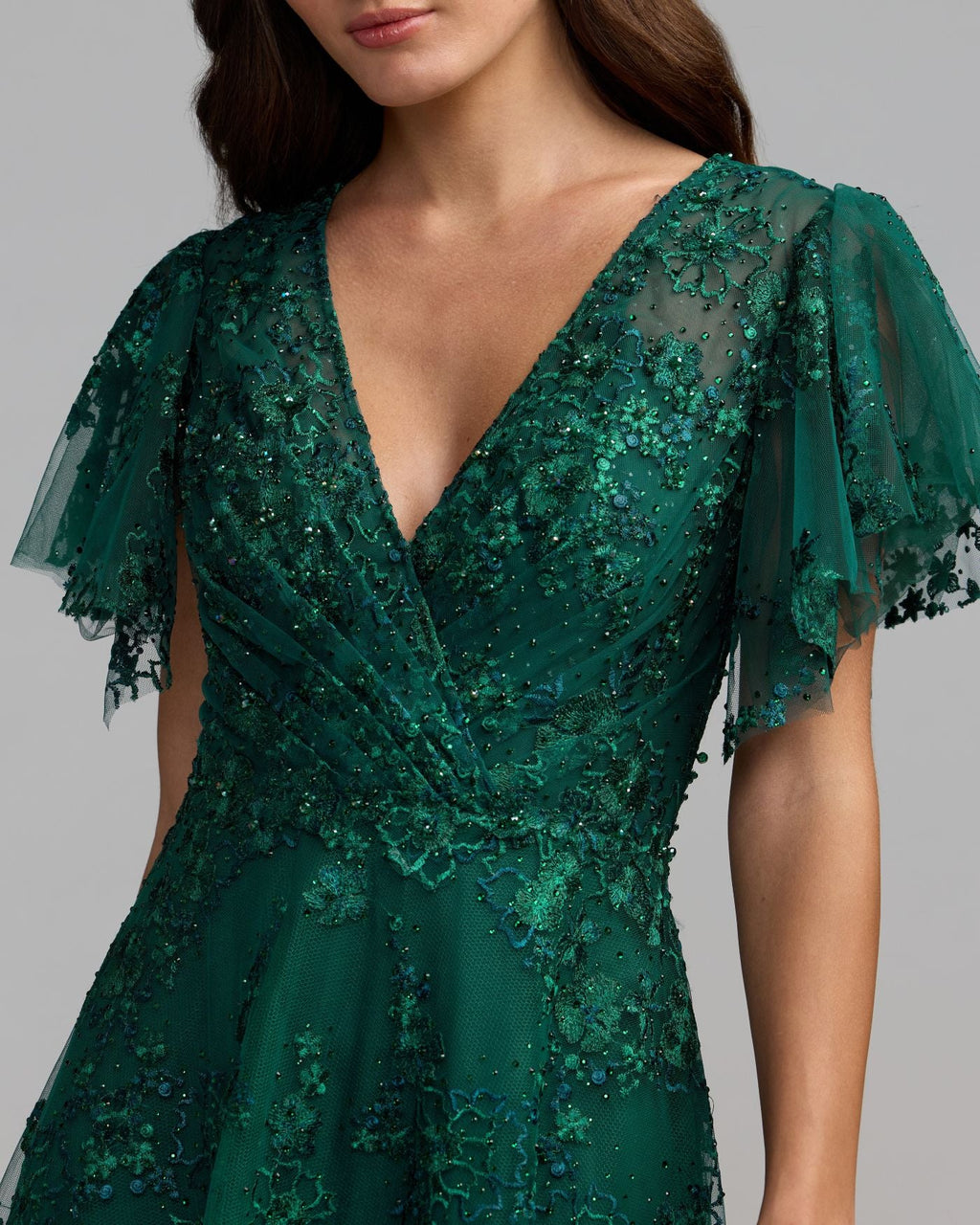 Green Embroidered Flutter Sleeve A Line Dress Designer Collection