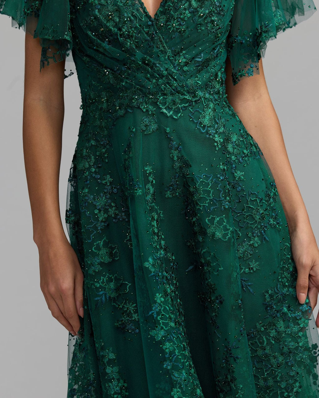 Green Embroidered Flutter Sleeve A Line Dress Designer Collection