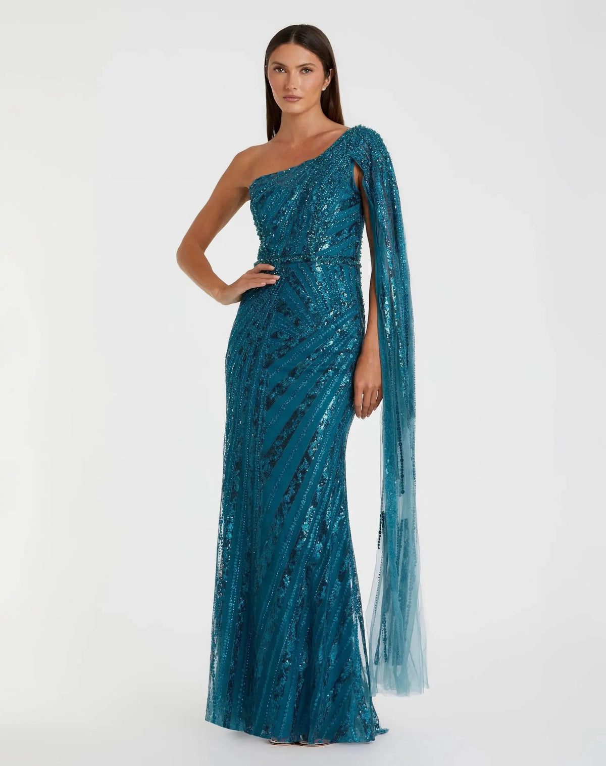 Blue One Shoulder Cape Sleeve Embellished Gown - Designer Collection