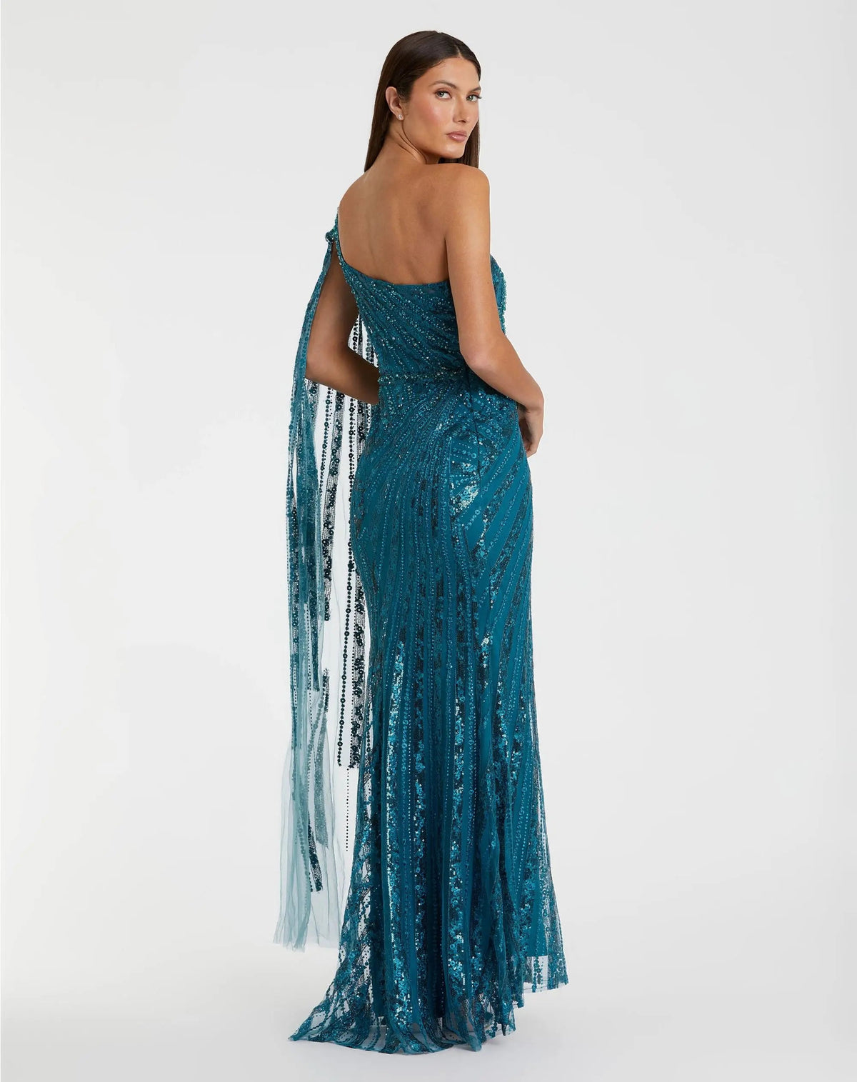 Blue One Shoulder Cape Sleeve Embellished Gown - Designer Collection