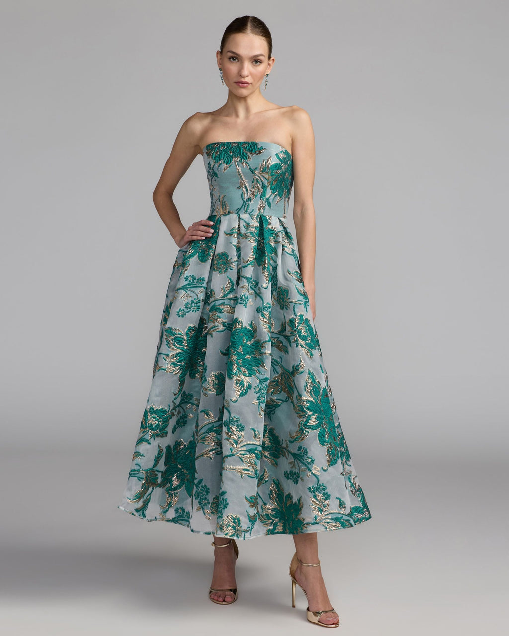 Teal Strapless Brocade Midi Dress with Pockets Designer Collection