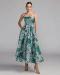 Teal Strapless Brocade Midi Dress with Pockets Designer Collection