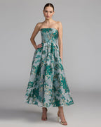 Teal Strapless Brocade Midi Dress with Pockets Designer Collection