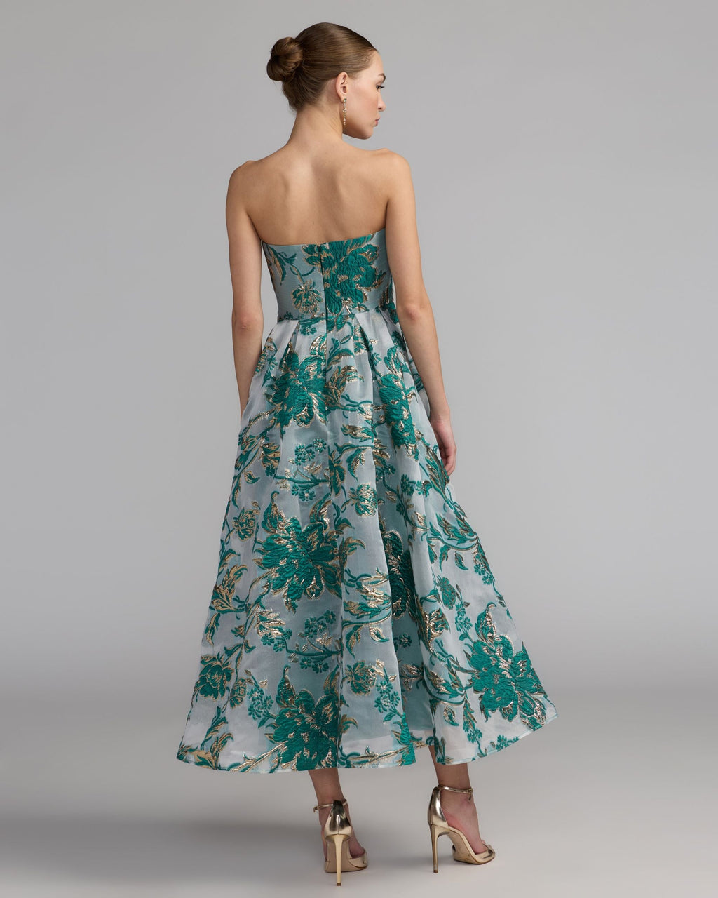 Teal Strapless Brocade Midi Dress with Pockets Designer Collection