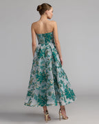 Teal Strapless Brocade Midi Dress with Pockets Designer Collection