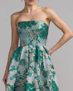 Teal Strapless Brocade Midi Dress with Pockets Designer Collection
