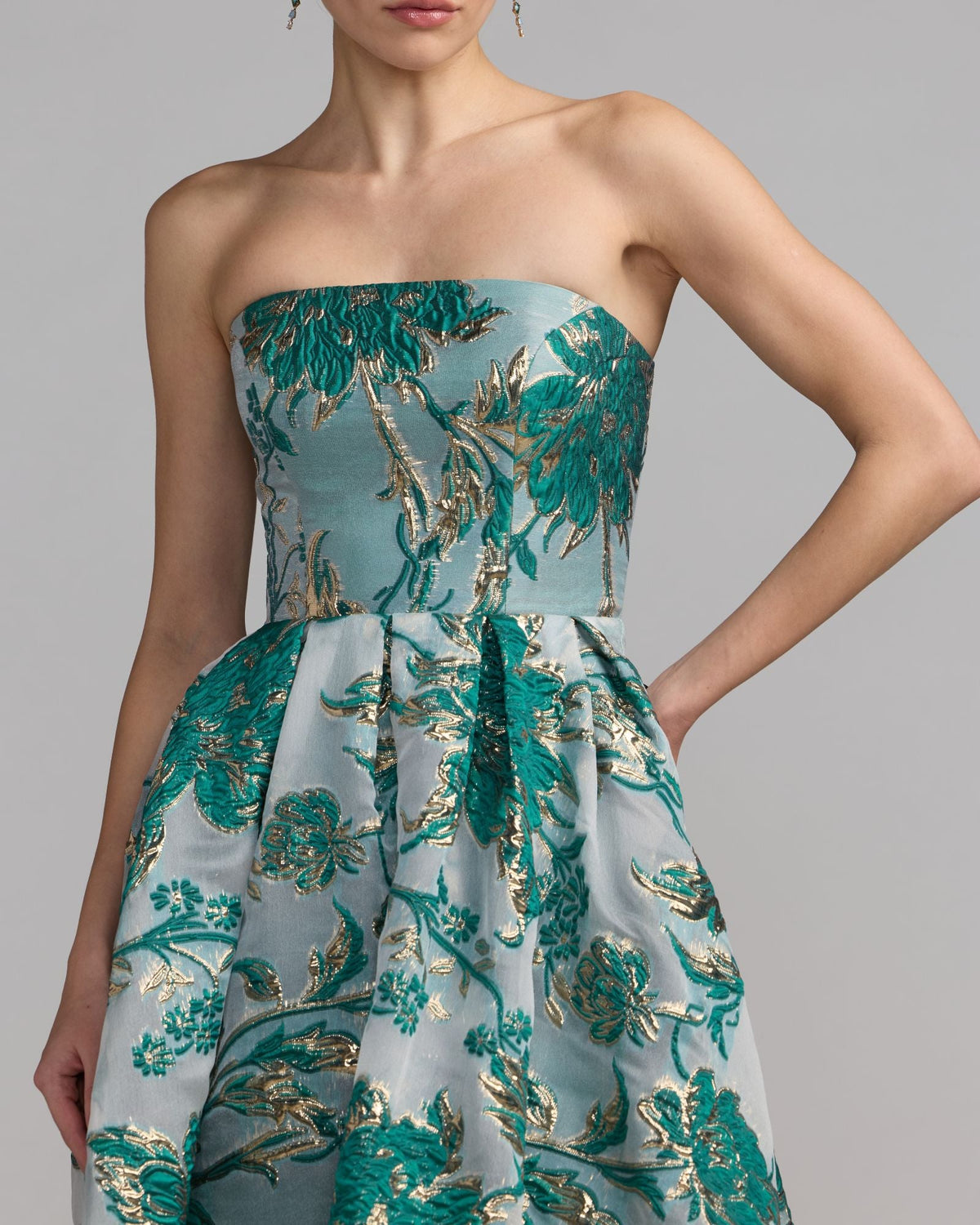 Teal Strapless Brocade Midi Dress with Pockets Designer Collection