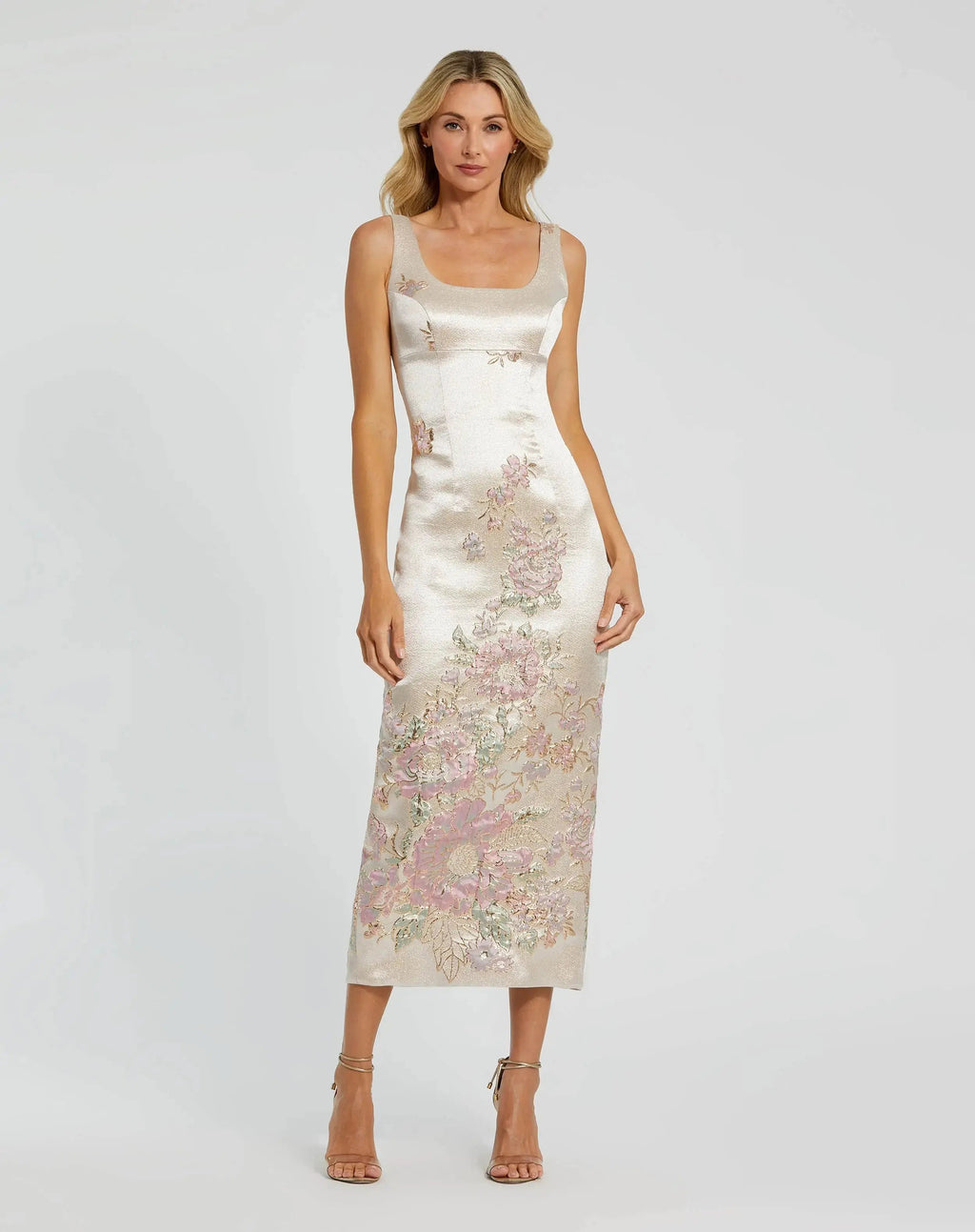 Slim Strap Scoop Neck Bustier Brocade Midi Dress Designer Collection
