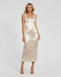 Slim Strap Scoop Neck Bustier Brocade Midi Dress Designer Collection