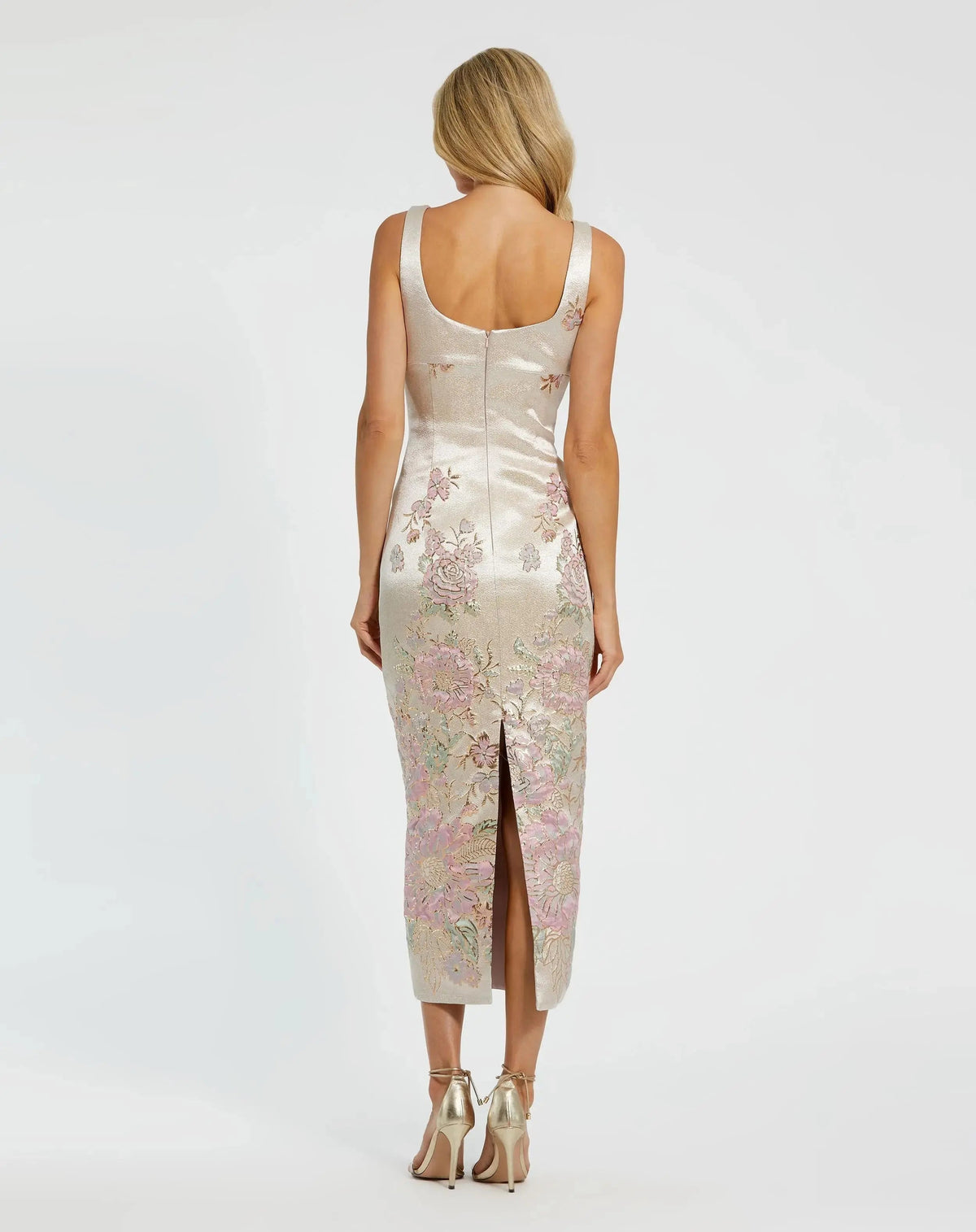 Slim Strap Scoop Neck Bustier Brocade Midi Dress Designer Collection