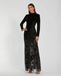 Black Long Sleeve Sheer Floral Embroidered Velvet Gown - Designer Collection