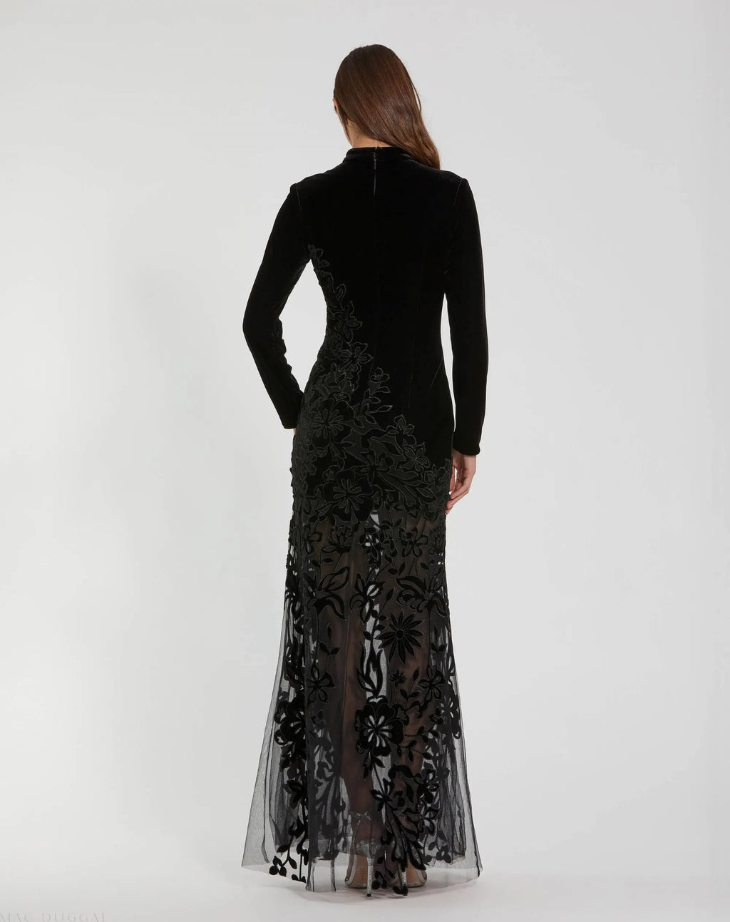Black Long Sleeve Sheer Floral Embroidered Velvet Gown - Designer Collection