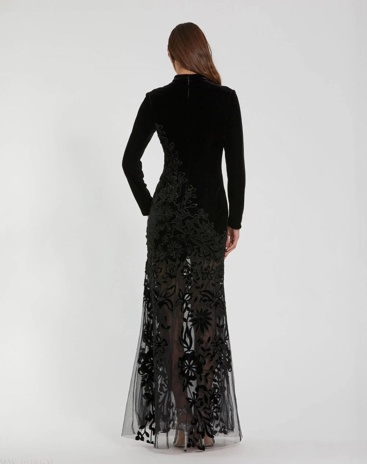 Black Long Sleeve Sheer Floral Embroidered Velvet Gown - Designer Collection