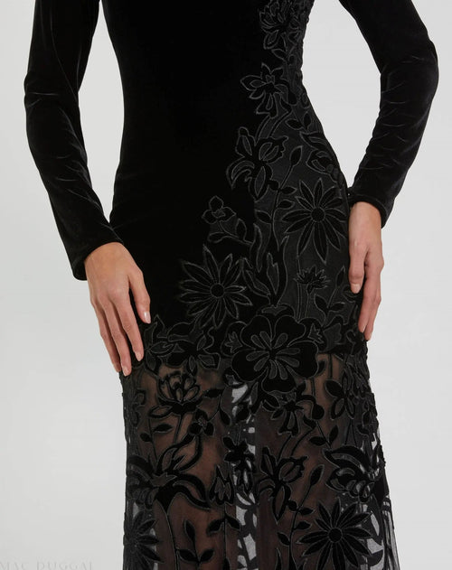 Black Long Sleeve Sheer Floral Embroidered Velvet Gown - Designer Collection