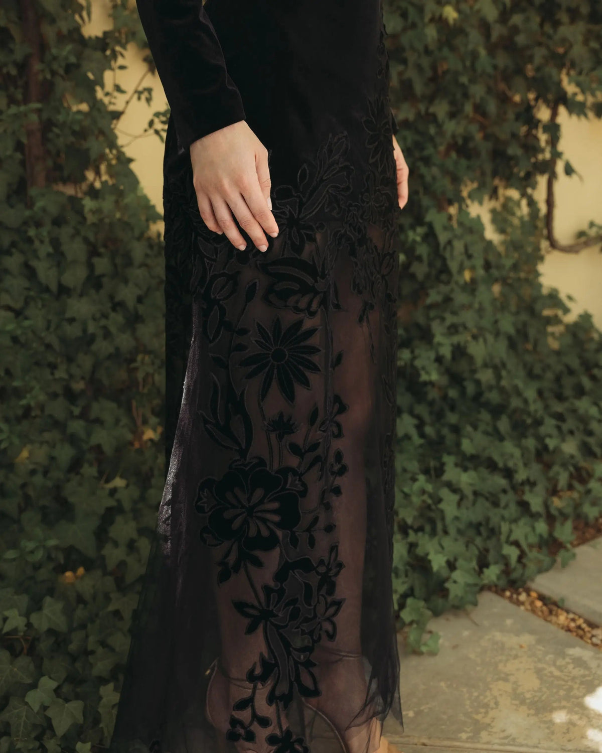 Black Long Sleeve Sheer Floral Embroidered Velvet Gown - Designer Collection