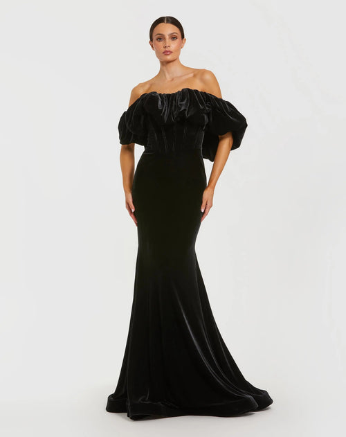 Black Off The Shoulder Velvet Bustier Mermaid Gown - Designer Collection