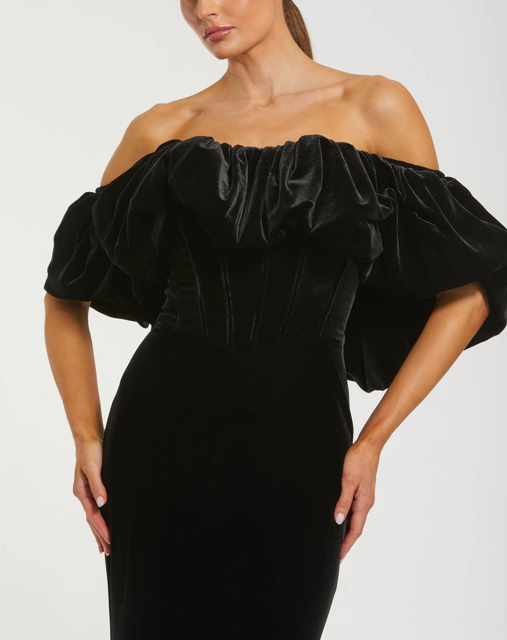 Black Off The Shoulder Velvet Bustier Mermaid Gown Designer Collection