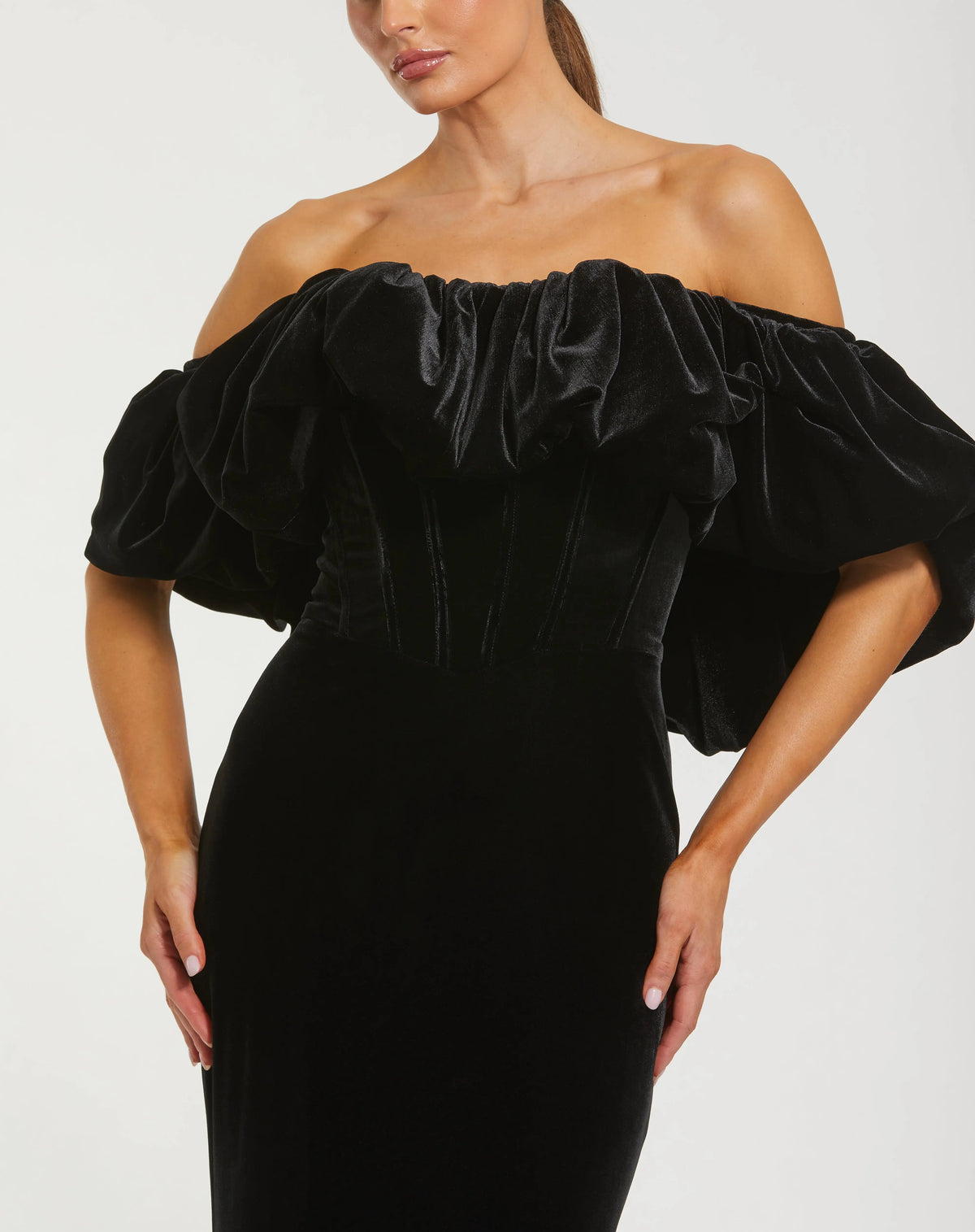 Black Off The Shoulder Velvet Bustier Mermaid Gown Designer Collection