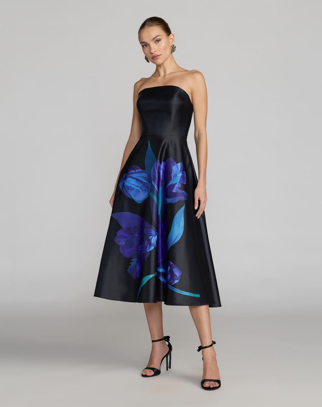 Black Strapless Satin Midi Dress With Flower Print Contemporary Collection