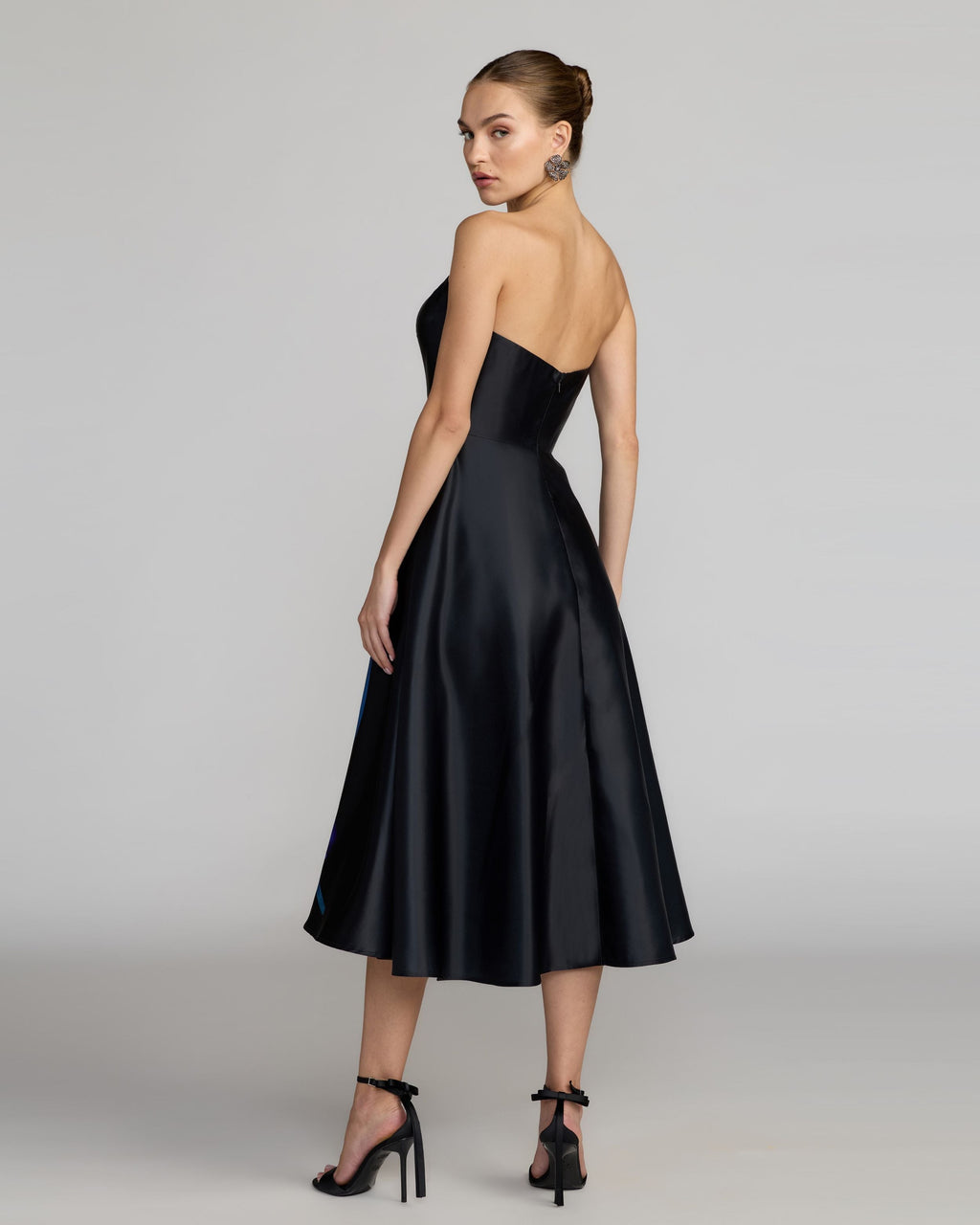 Black Strapless Satin Midi Dress With Flower Print Contemporary Collection