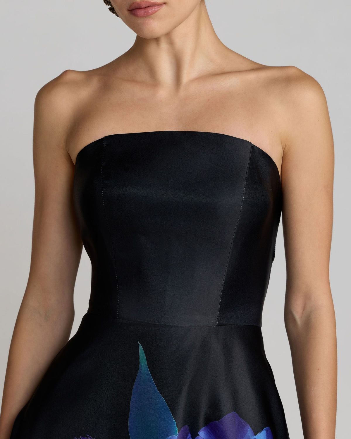 Black Strapless Satin Midi Dress With Flower Print Contemporary Collection