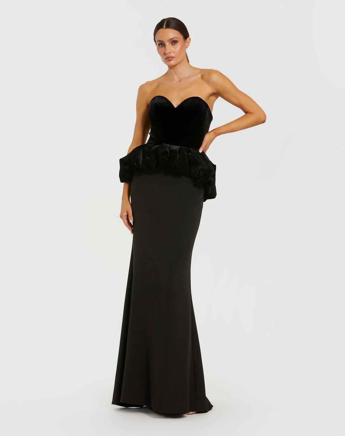 Black Strapless Velvet Puplum Top With Crepe Skirt Gown - Contemporary Collection