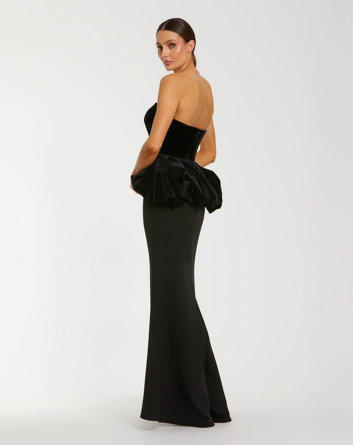 Black Strapless Velvet Puplum Top With Crepe Skirt Gown - Contemporary Collection