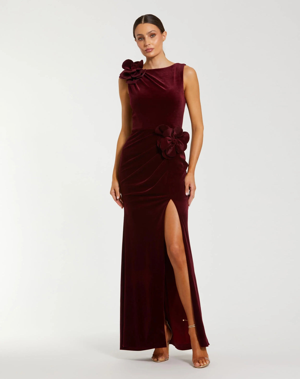 Dark Red High Neck Velvet Column Gown With 3D Flowers - Contemporary Collection