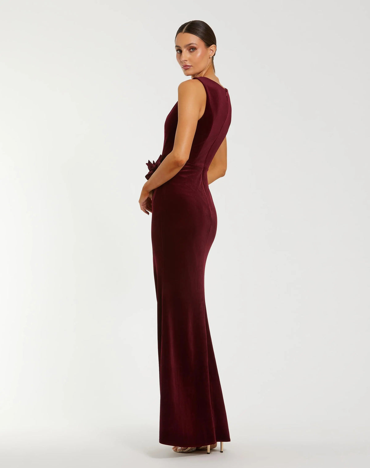 Dark Red High Neck Velvet Column Gown With 3D Flowers - Contemporary Collection