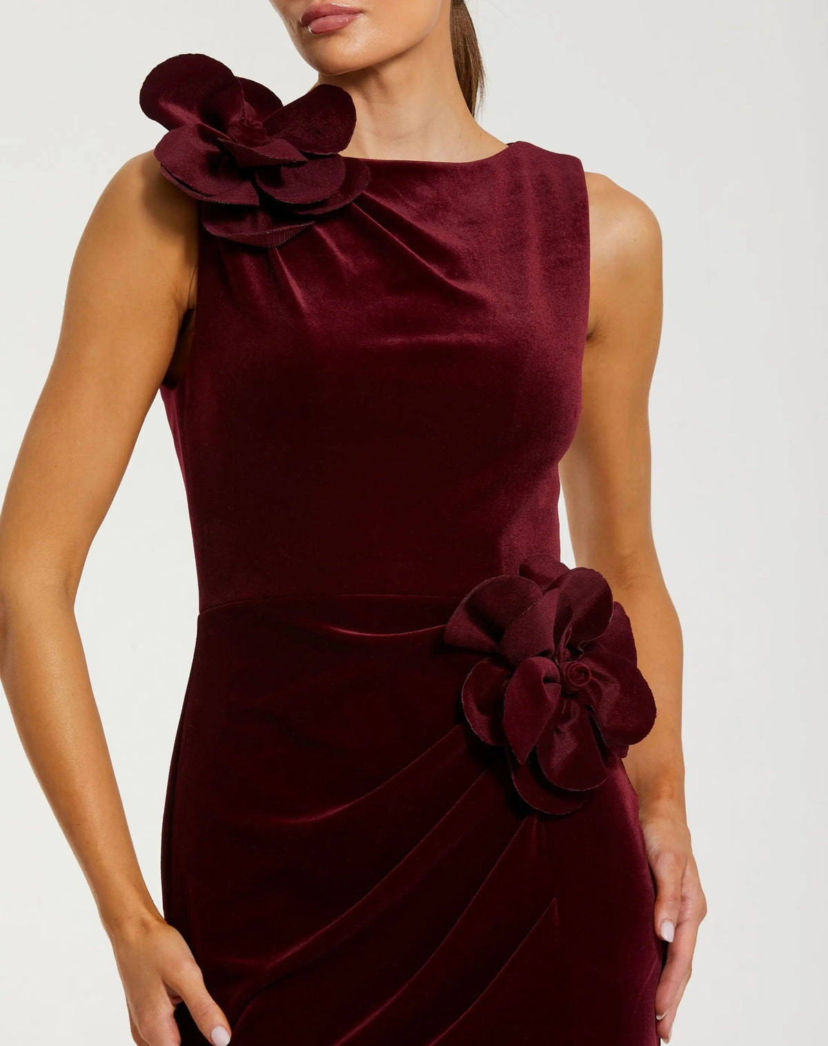 Dark Red High Neck Velvet Column Gown With 3D Flowers - Contemporary Collection