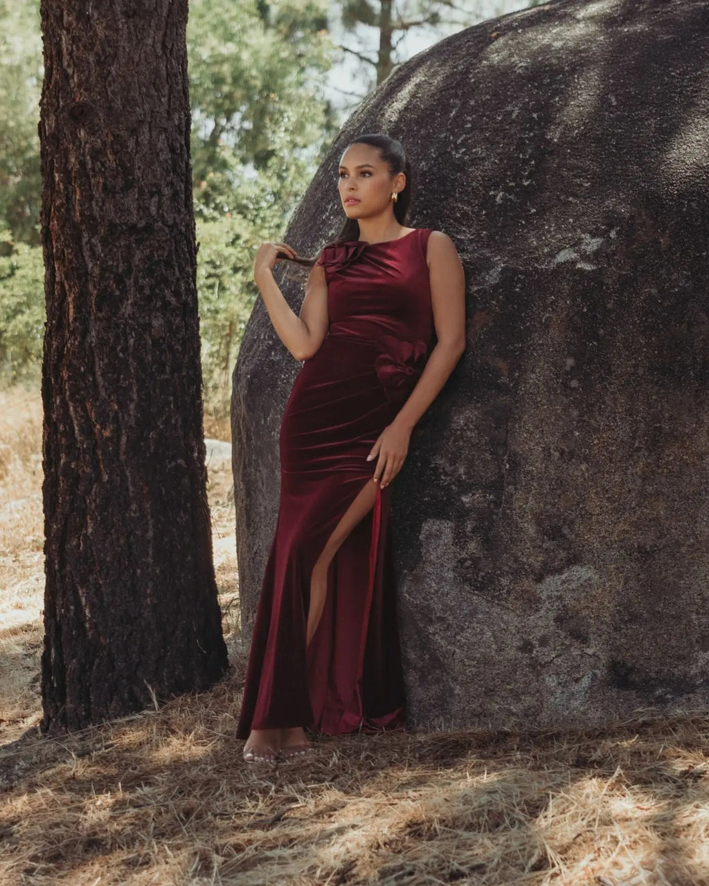 Dark Red High Neck Velvet Column Gown With 3D Flowers - Contemporary Collection