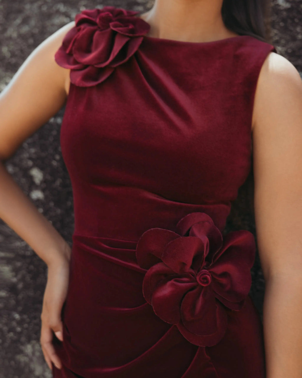 Dark Red High Neck Velvet Column Gown With 3D Flowers - Contemporary Collection