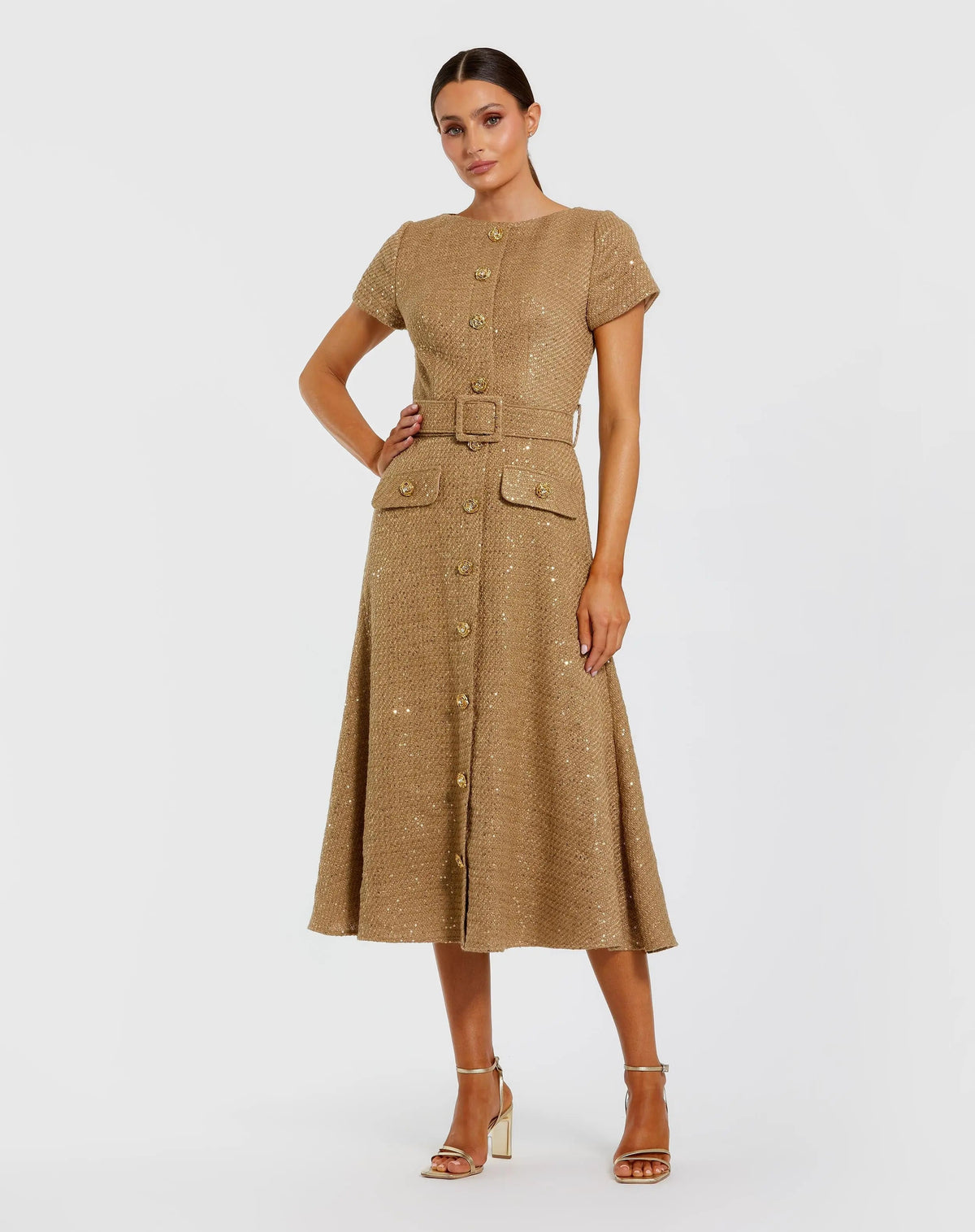 Gold Boucle Cap Sleeve High Neck Button Up Midi Dress - Contemporary Collection