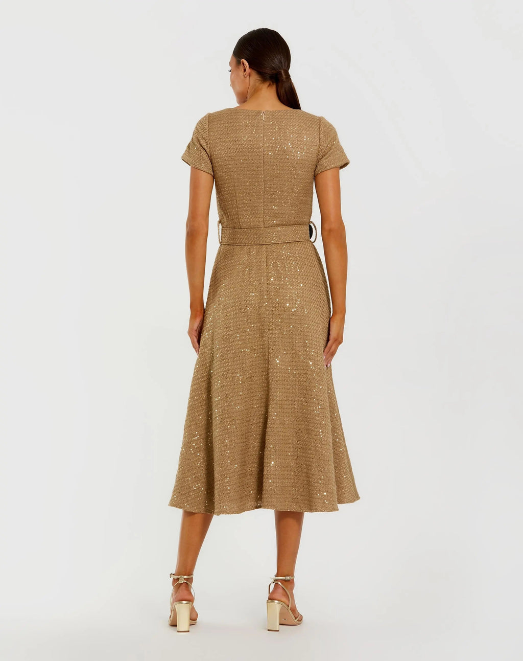 Gold Boucle Cap Sleeve High Neck Button Up Midi Dress - Contemporary Collection