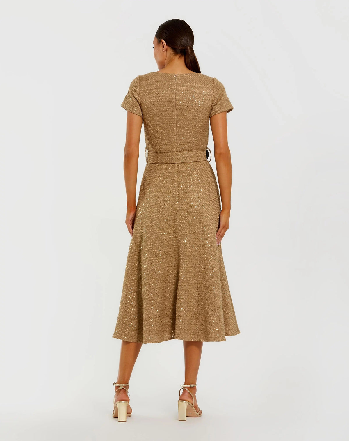 Gold Boucle Cap Sleeve High Neck Button Up Midi Dress - Contemporary Collection