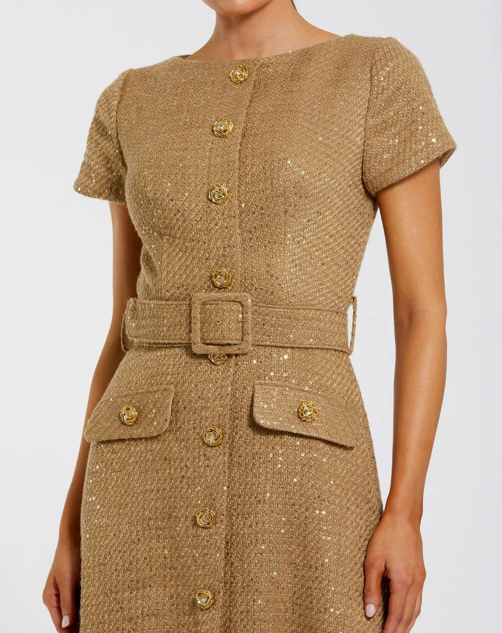Gold Boucle Cap Sleeve High Neck Button Up Midi Dress - Contemporary Collection