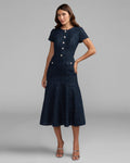 Navy Bouclé Button Front Midi Dress Designer Collection
