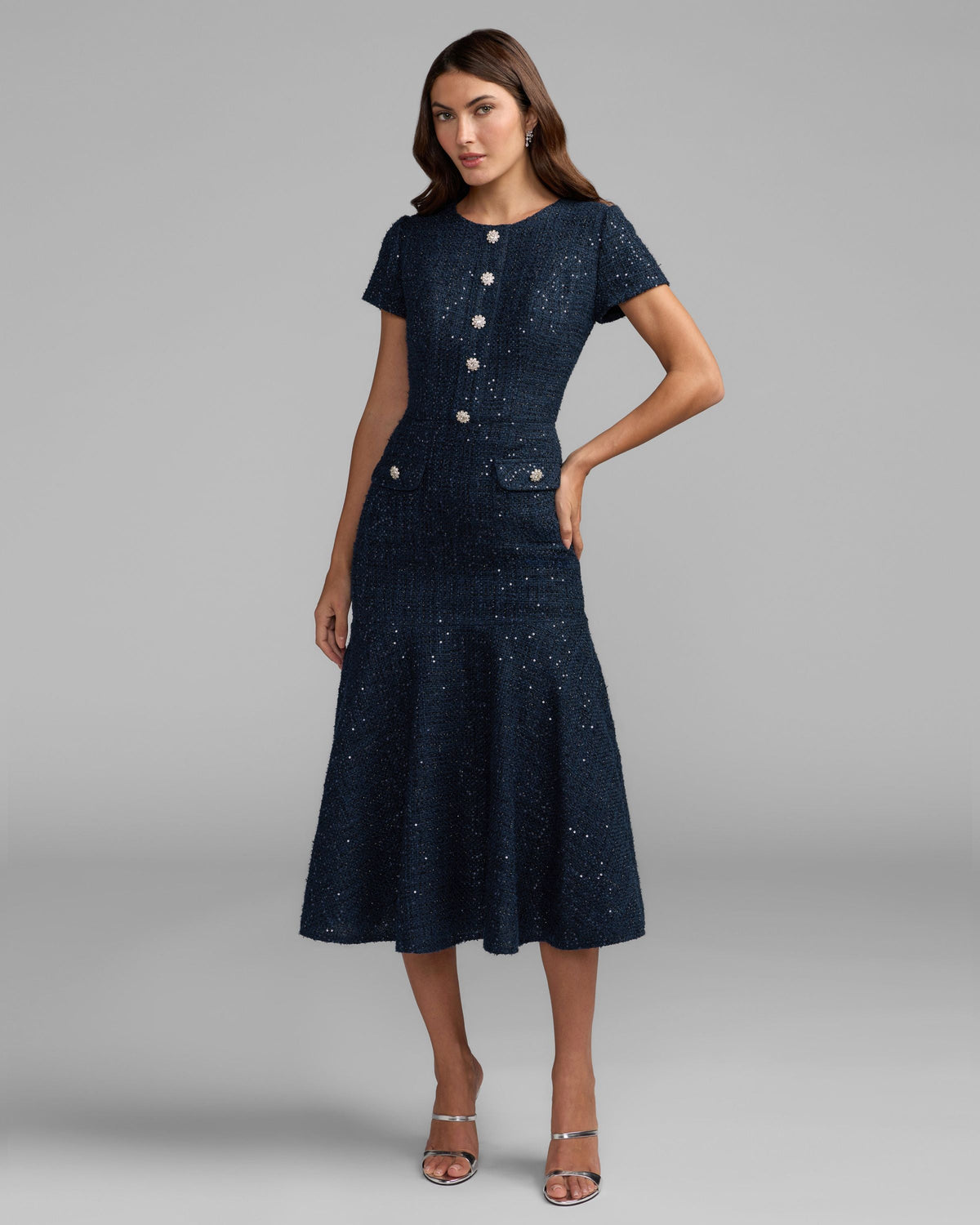 Navy Bouclé Button Front Midi Dress Designer Collection